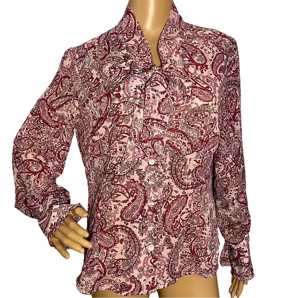 VINTAGE DANA GIBSON SHIMMERY PAISLEY FLORAL RUFFLE SLEEVE PUSSY BOW BLOUSE  SZ M - Picture 2 of 16